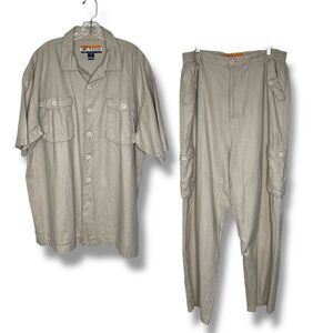 VTG Veezo Linen Blend Cargo Pant Camp Shirt 2 Piece Tan Set Men 2XL Safari Y2K